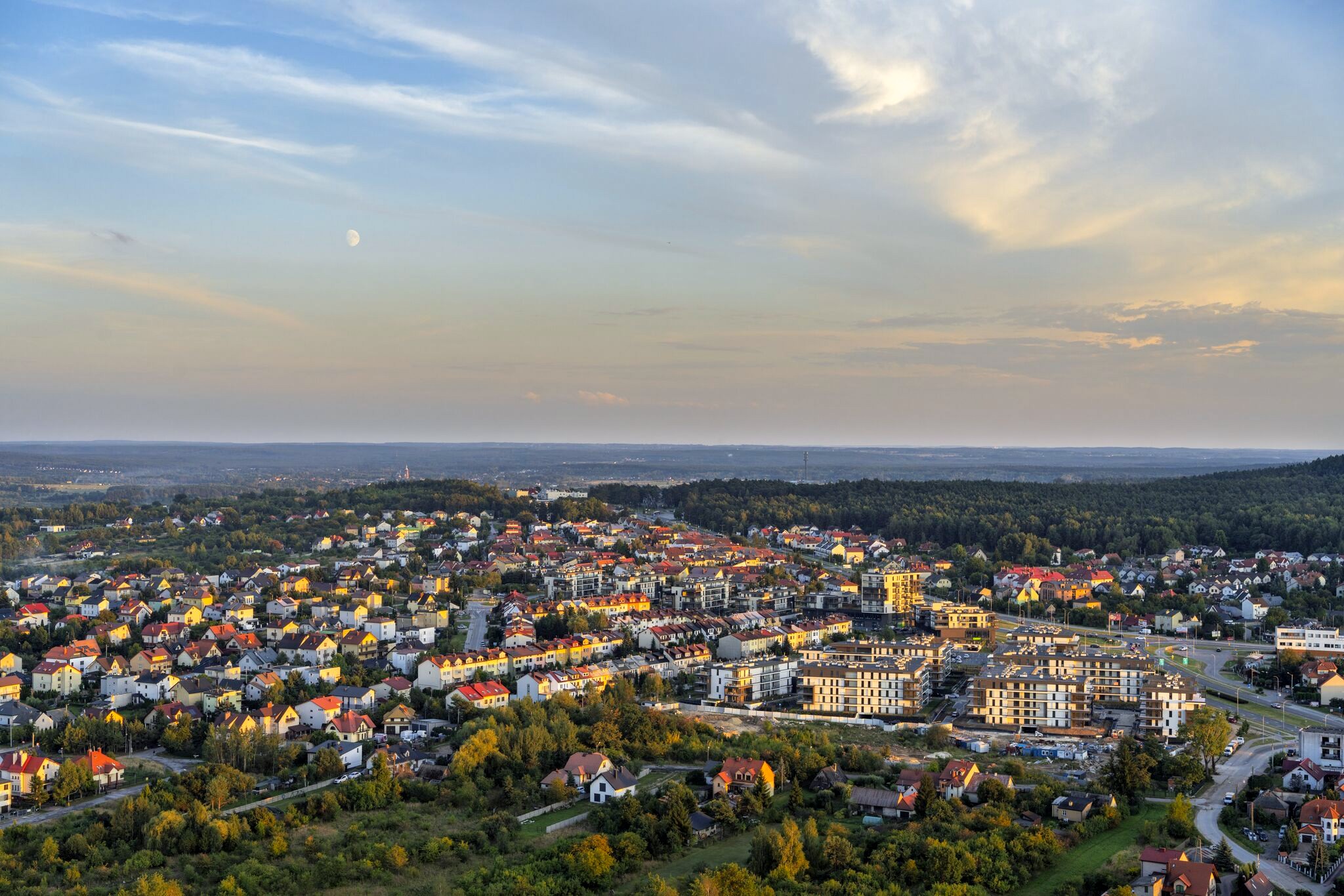 Aerial photograph of a town at dusk