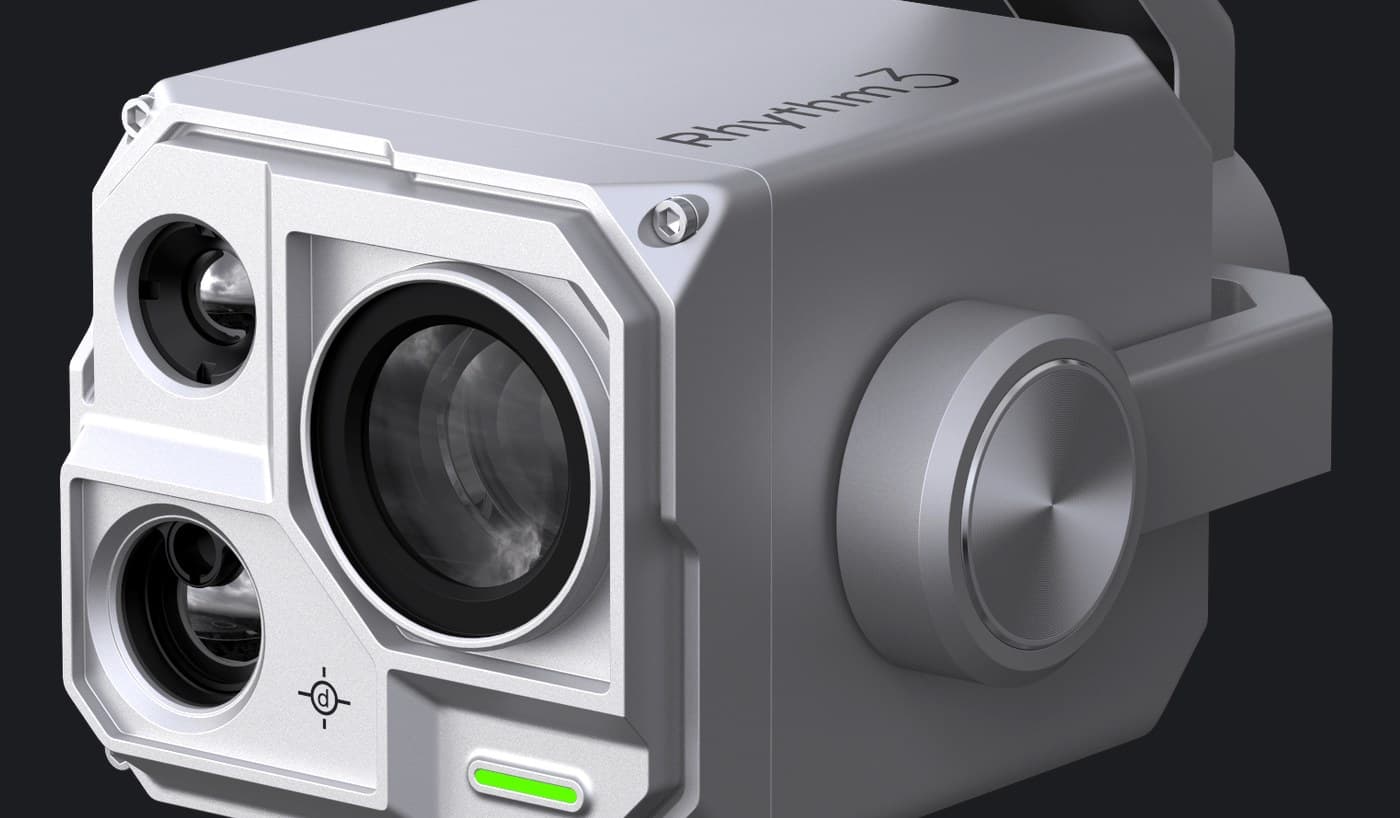Close-up of the Rhythm3 gimbal camera with three front lenses