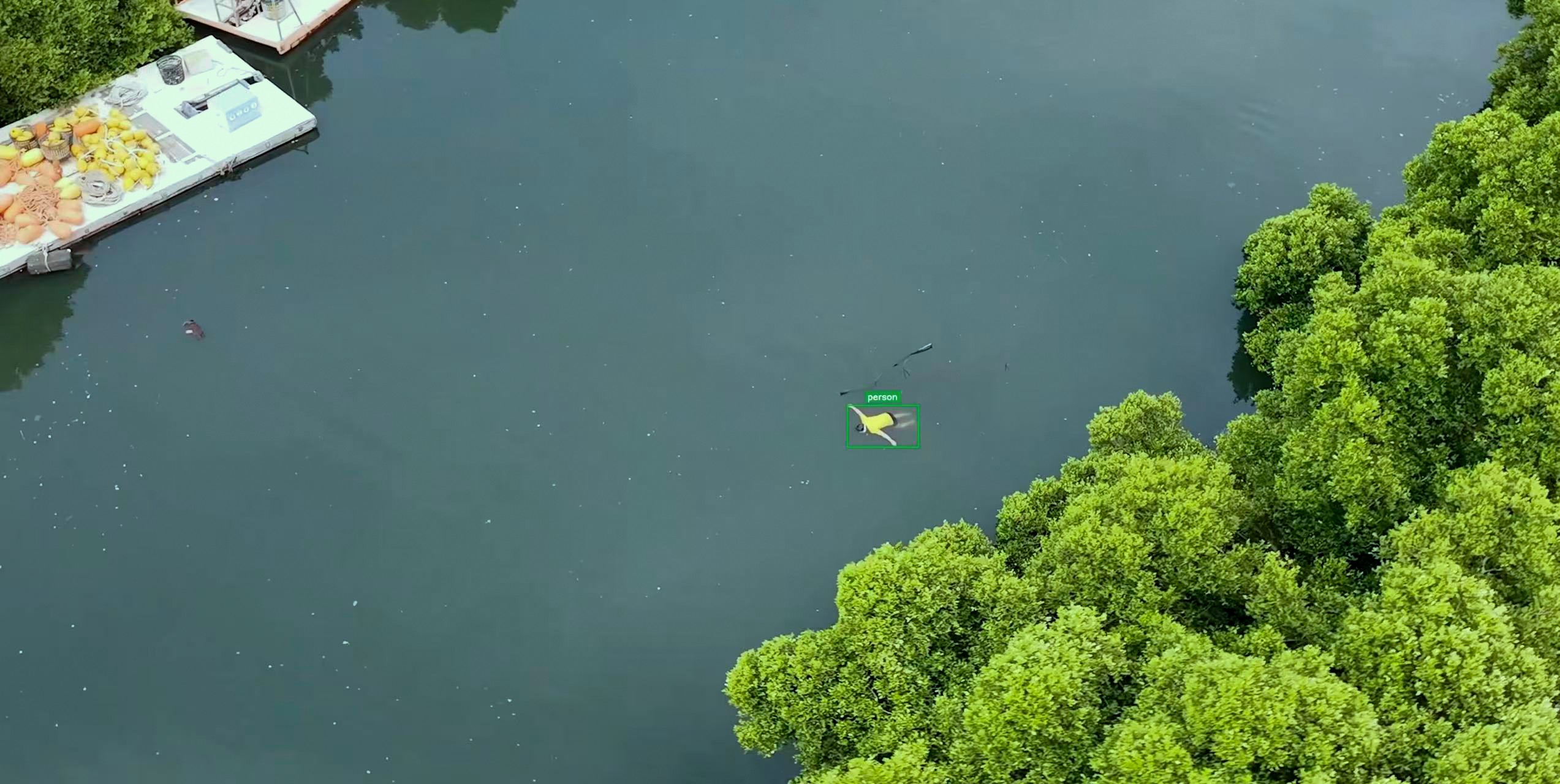Aerial perspective over a harbor area during detection