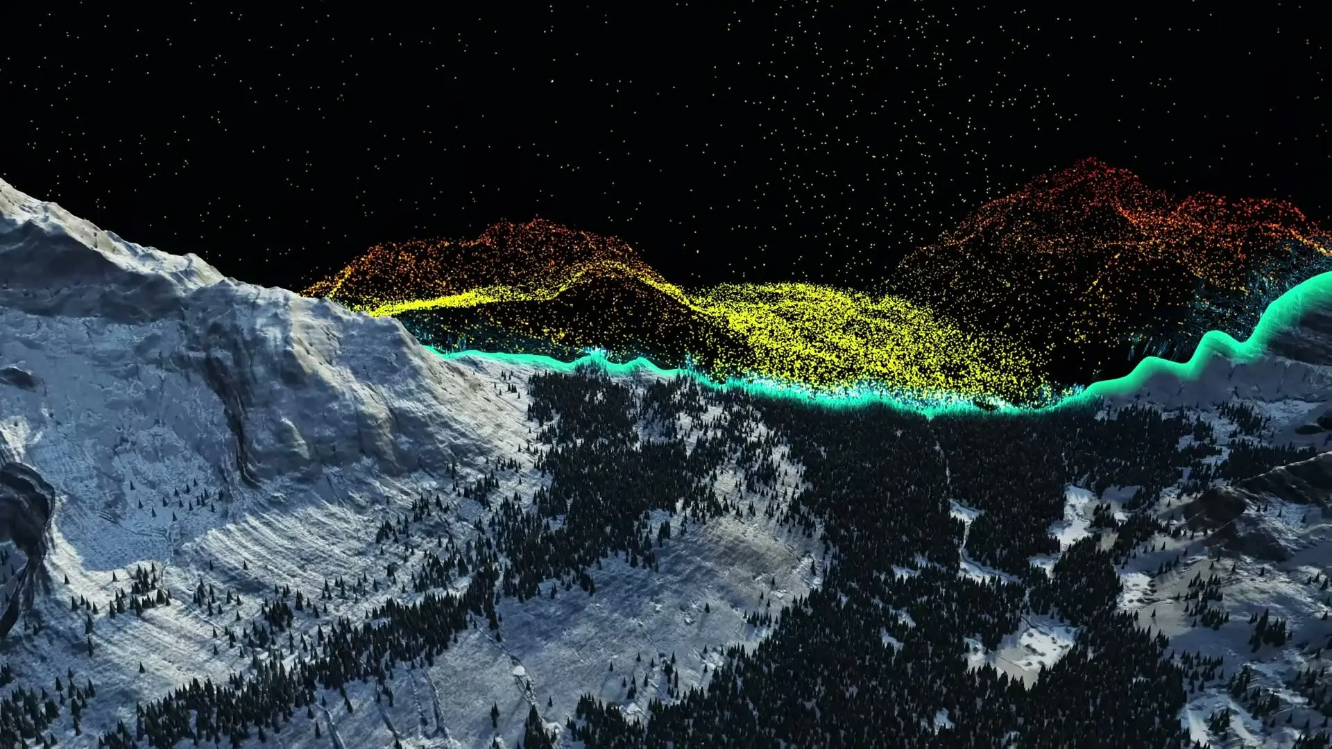 3D terrain model of snowy mountains overlaid with a colored point cloud