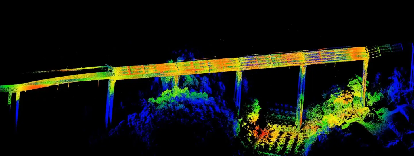 Color-coded 3D point cloud of a viaduct above a wooded valley