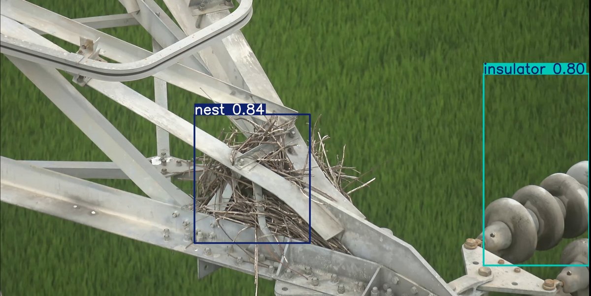 AI detection boxes marking a bird nest and insulator on a transmission tower