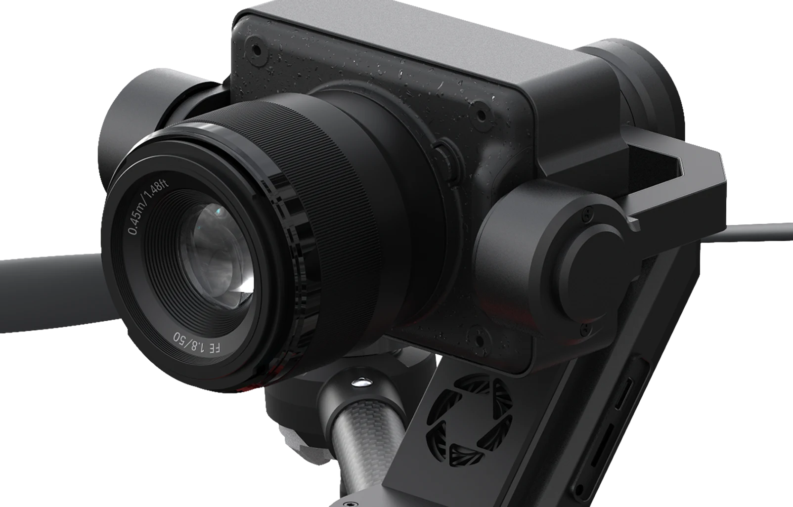 Close-up of Rhythm 1 camera and gimbal arm mounted on a drone
