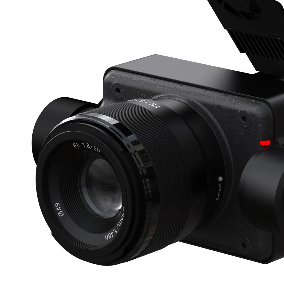Close-up of the Rhythm 1 camera with FE 50mm E-mount lens